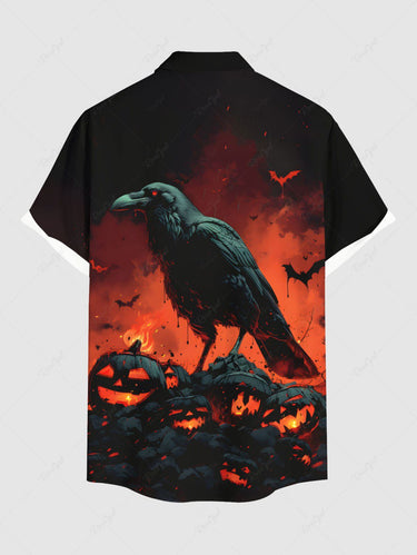 Gothic Plus Size Pumpkin Crow Bat Fire Print Halloween Button Pocket Shirt For Men