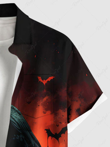 Gothic Plus Size Pumpkin Crow Bat Fire Print Halloween Button Pocket Shirt For Men