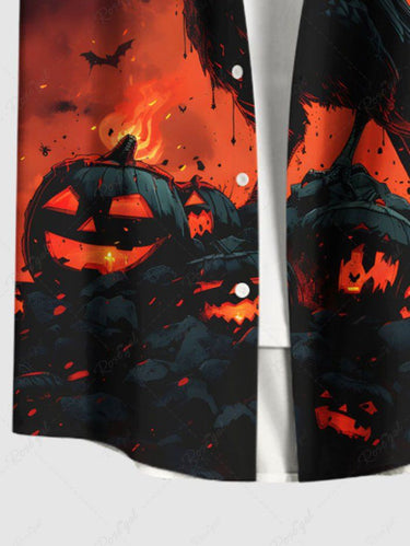 Gothic Plus Size Pumpkin Crow Bat Fire Print Halloween Button Pocket Shirt For Men