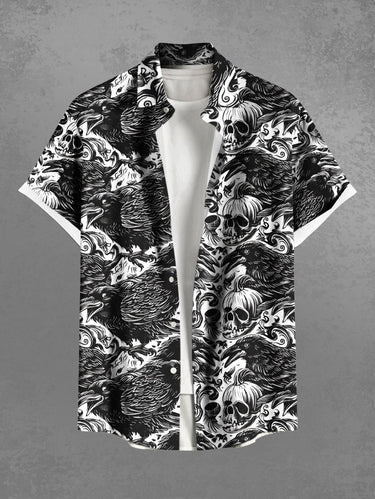 Gothic Plus Size Skull Pumpkin Crow Print Halloween Button Pocket Shirt For Men