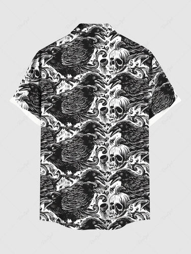 Gothic Plus Size Skull Pumpkin Crow Print Halloween Button Pocket Shirt For Men