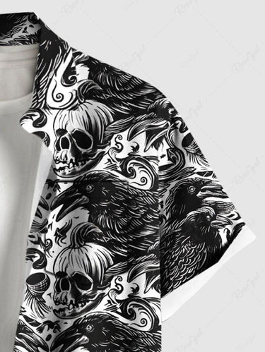 Gothic Plus Size Skull Pumpkin Crow Print Halloween Button Pocket Shirt For Men