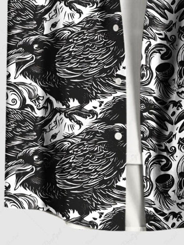 Gothic Plus Size Skull Pumpkin Crow Print Halloween Button Pocket Shirt For Men