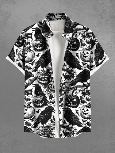 Gothic Plus Size Pumpkin Crow Bat Tree Branch Print Halloween Button Pocket Shirt For Men