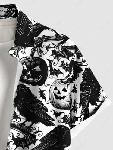 Gothic Plus Size Pumpkin Crow Bat Tree Branch Print Halloween Button Pocket Shirt For Men