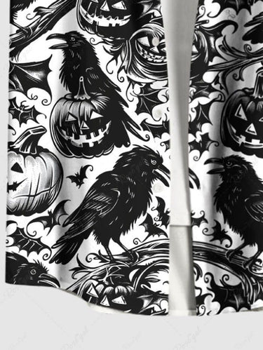 Gothic Plus Size Pumpkin Crow Bat Tree Branch Print Halloween Button Pocket Shirt For Men