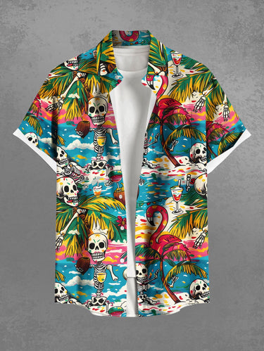 Gothic Plus Size Coconut Tree Sea Skeleton Flamingo Print Hawaii Button Pocket Shirt For Men