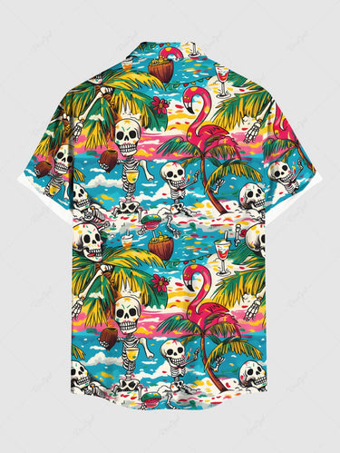 Gothic Plus Size Coconut Tree Sea Skeleton Flamingo Print Hawaii Button Pocket Shirt For Men