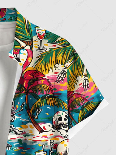 Gothic Plus Size Coconut Tree Sea Skeleton Flamingo Print Hawaii Button Pocket Shirt For Men