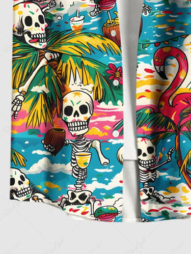 Gothic Plus Size Coconut Tree Sea Skeleton Flamingo Print Hawaii Button Pocket Shirt For Men