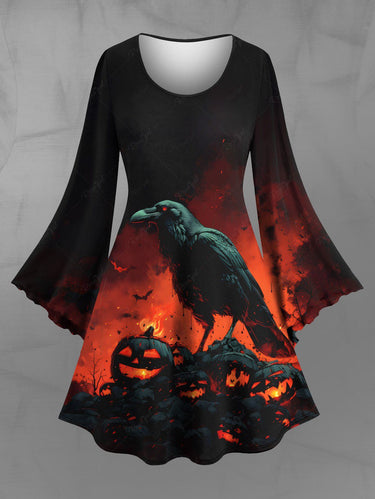 Gothic Plus Size Pumpkin Crow Bat Fire Print Halloween A Line Dress