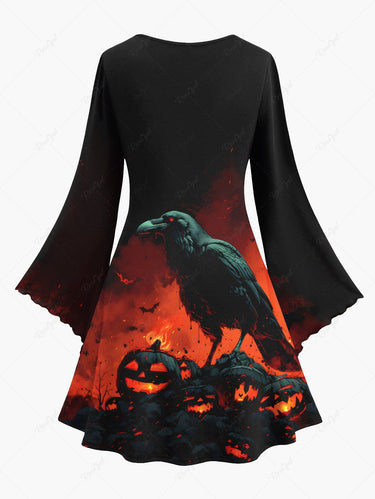 Gothic Plus Size Pumpkin Crow Bat Fire Print Halloween A Line Dress