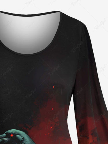 Gothic Plus Size Pumpkin Crow Bat Fire Print Halloween A Line Dress