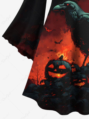 Gothic Plus Size Pumpkin Crow Bat Fire Print Halloween A Line Dress