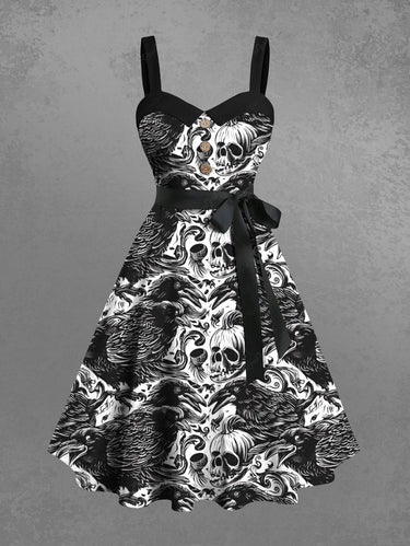 Gothic Plus Size Skull Pumpkin Crow Print Halloween Button A Line Dress with Removable Belt