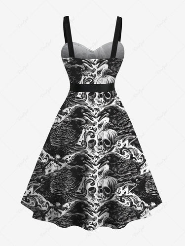 Gothic Plus Size Skull Pumpkin Crow Print Halloween Button A Line Dress with Removable Belt