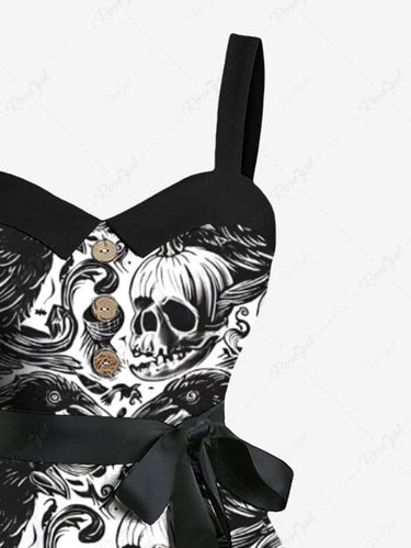 Gothic Plus Size Skull Pumpkin Crow Print Halloween Button A Line Dress with Removable Belt