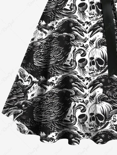 Gothic Plus Size Skull Pumpkin Crow Print Halloween Button A Line Dress with Removable Belt