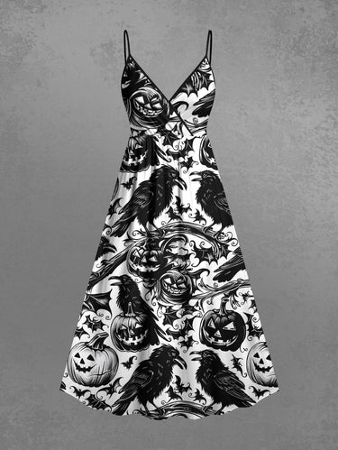 Gothic Plus Size Pumpkin Crow Bat Tree Branch Print Halloween Surplice A Line Cami Dress