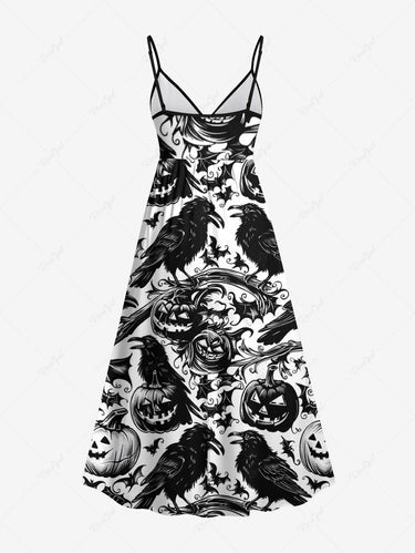 Gothic Plus Size Pumpkin Crow Bat Tree Branch Print Halloween Surplice A Line Cami Dress