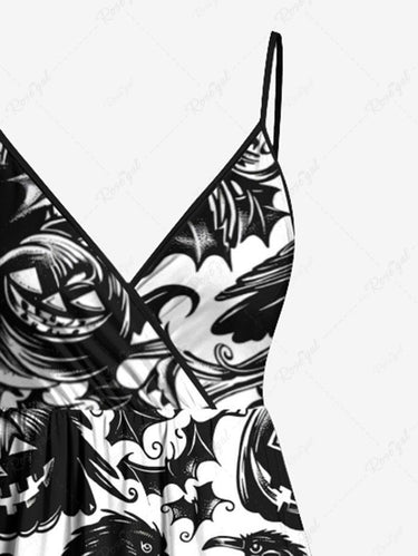 Gothic Plus Size Pumpkin Crow Bat Tree Branch Print Halloween Surplice A Line Cami Dress