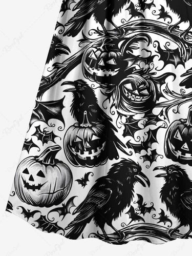 Gothic Plus Size Pumpkin Crow Bat Tree Branch Print Halloween Surplice A Line Cami Dress
