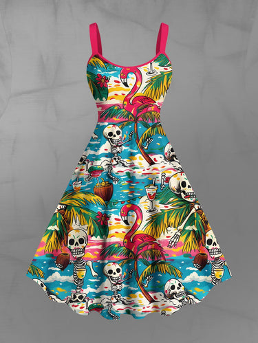 Gothic Plus Size Coconut Tree Sea Skeleton Flamingo Print Hawaii A Line Tank Dress