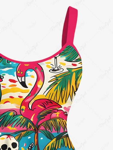Gothic Plus Size Coconut Tree Sea Skeleton Flamingo Print Hawaii A Line Tank Dress