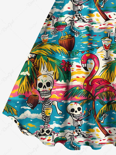 Gothic Plus Size Coconut Tree Sea Skeleton Flamingo Print Hawaii A Line Tank Dress