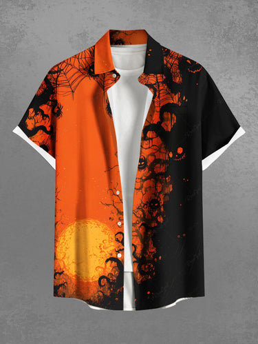 Gothic Plus Size Spider Web Tree Branch Moon Print Halloween Button Pocket Shirt For Men