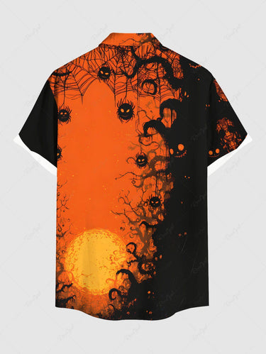 Gothic Plus Size Spider Web Tree Branch Moon Print Halloween Button Pocket Shirt For Men