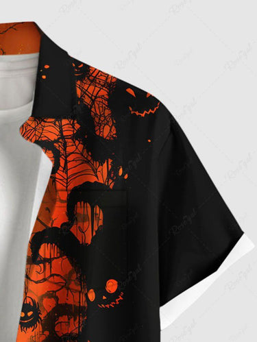 Gothic Plus Size Spider Web Tree Branch Moon Print Halloween Button Pocket Shirt For Men