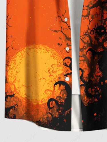 Gothic Plus Size Spider Web Tree Branch Moon Print Halloween Button Pocket Shirt For Men