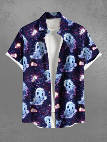 Gothic Plus Size Ghost Spider Web Galaxy Print Halloween Button Pocket Shirt For Men