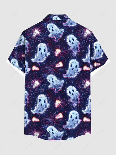 Gothic Plus Size Ghost Spider Web Galaxy Print Halloween Button Pocket Shirt For Men