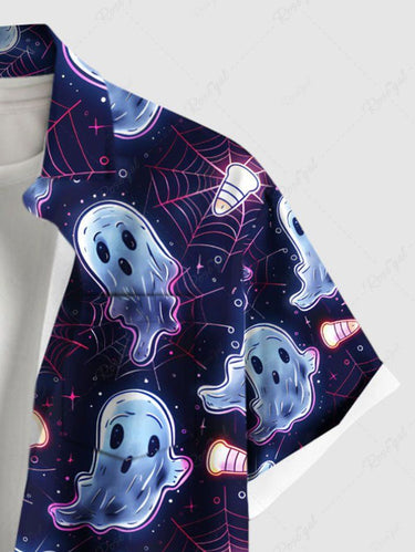 Gothic Plus Size Ghost Spider Web Galaxy Print Halloween Button Pocket Shirt For Men