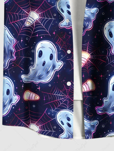 Gothic Plus Size Ghost Spider Web Galaxy Print Halloween Button Pocket Shirt For Men