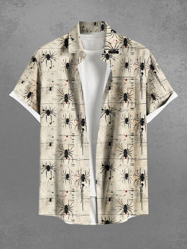 Gothic Plus Size Spider Web Insect Print Halloween Button Pocket Shirt For Men