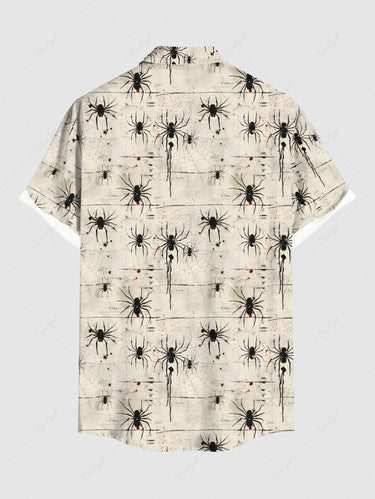 Gothic Plus Size Spider Web Insect Print Halloween Button Pocket Shirt For Men