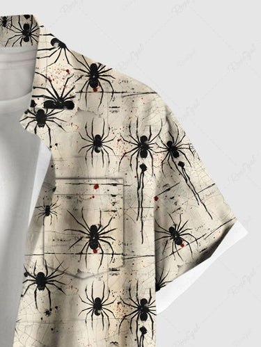 Gothic Plus Size Spider Web Insect Print Halloween Button Pocket Shirt For Men