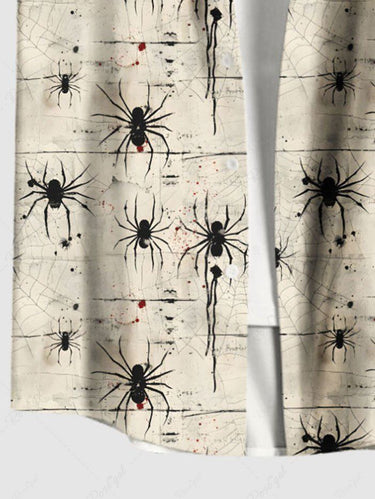 Gothic Plus Size Spider Web Insect Print Halloween Button Pocket Shirt For Men