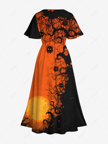 Gothic Plus Size Spider Web Tree Branch Moon Print Halloween Split Pocket A Line Midi Dress