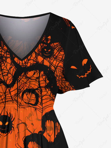 Gothic Plus Size Spider Web Tree Branch Moon Print Halloween Split Pocket A Line Midi Dress