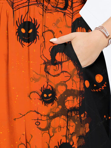 Gothic Plus Size Spider Web Tree Branch Moon Print Halloween Split Pocket A Line Midi Dress
