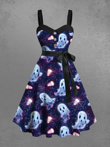 Gothic Plus Size Ghost Spider Web Galaxy Print Halloween Button A Line Dress with Removable Belt