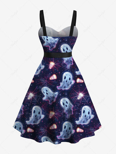 Gothic Plus Size Ghost Spider Web Galaxy Print Halloween Button A Line Dress with Removable Belt