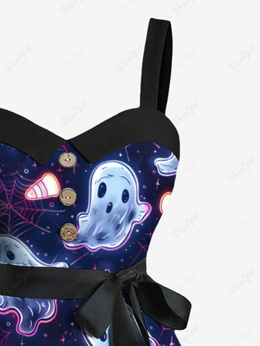Gothic Plus Size Ghost Spider Web Galaxy Print Halloween Button A Line Dress with Removable Belt