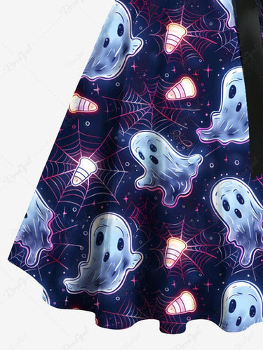 Gothic Plus Size Ghost Spider Web Galaxy Print Halloween Button A Line Dress with Removable Belt