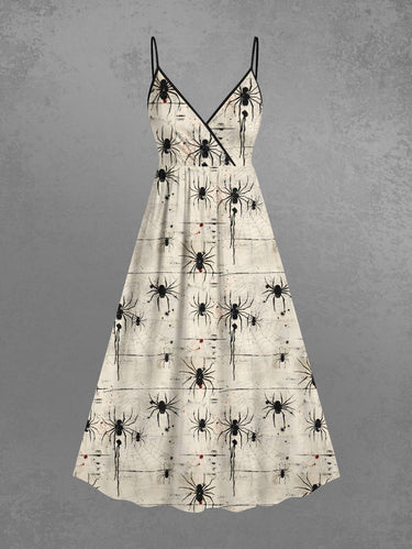 Gothic Plus Size Spider Web Insect Print Halloween Surplice A Line Cami Dress