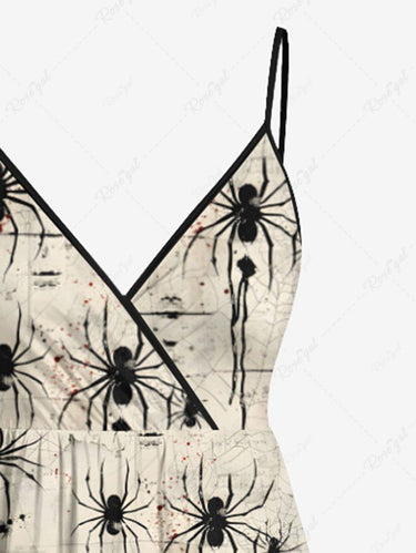 Gothic Plus Size Spider Web Insect Print Halloween Surplice A Line Cami Dress